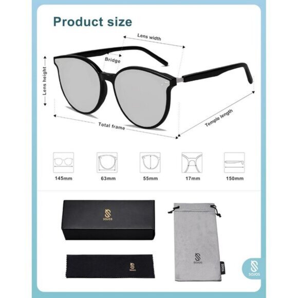 ⚡SOJOS Women Dark Black Classic Round Retro Vintage Large Frame Sunglasses - Picture 5 of 5